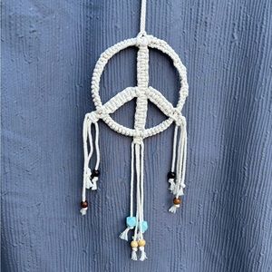 Handmade macrame peace sign dreamcatcher white